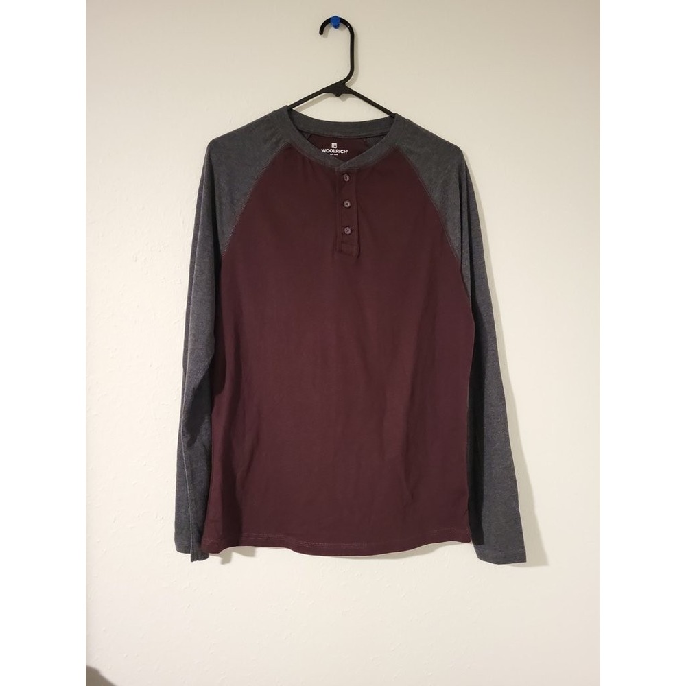 Woolrich Mens Henley Shirt Small Burgundy‎ Gray Raglan Long Sleeve Cotton Blend